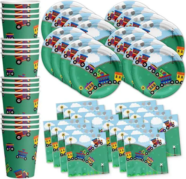 Main image of Train Birthday Party Supplies Set Plates Napkins Cups Tableware Kit for 16