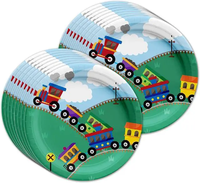 Alt view image 2 of 7 - Train Birthday Party Supplies Set Plates Napkins Cups Tableware Kit for 16