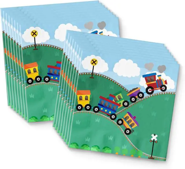 Alt view image 3 of 7 - Train Birthday Party Supplies Set Plates Napkins Cups Tableware Kit for 16
