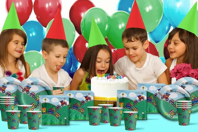 Alt view image 7 of 7 - Train Birthday Party Supplies Set Plates Napkins Cups Tableware Kit for 16