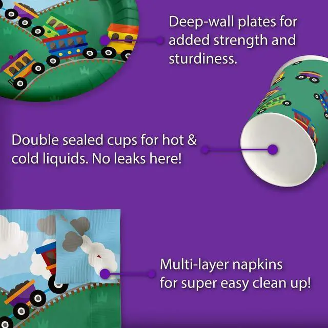 Alt view image 5 of 7 - Train Birthday Party Supplies Set Plates Napkins Cups Tableware Kit for 16