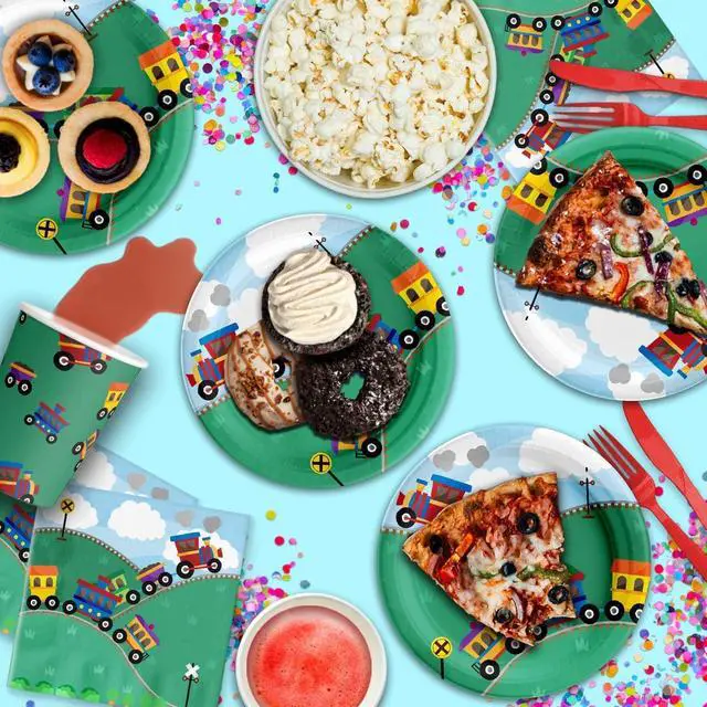 Alt view image 6 of 7 - Train Birthday Party Supplies Set Plates Napkins Cups Tableware Kit for 16