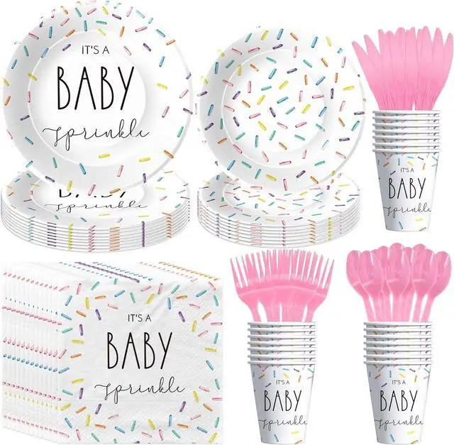 Main image of Sprinkle Baby Shower Decorations Tableware, IT'S A Baby Sprinkle Party Decorations, Paper Plate, Cup, Napkin, Cutlery, Rainbow Confetti Sprinkle Baby Shower Party Supplies, Serves 24