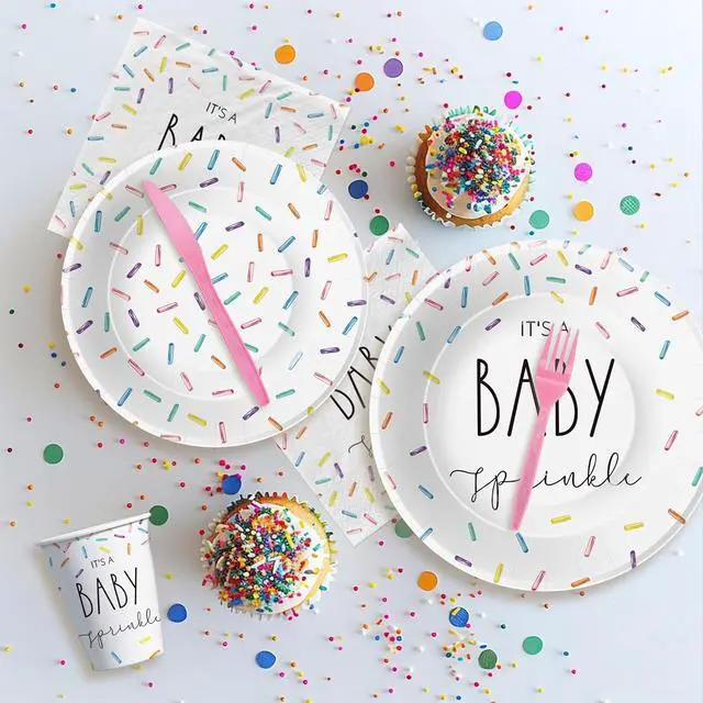 Alt view image 6 of 7 - Sprinkle Baby Shower Decorations Tableware, IT'S A Baby Sprinkle Party Decorations, Paper Plate, Cup, Napkin, Cutlery, Rainbow Confetti Sprinkle Baby Shower Party Supplies, Serves 24
