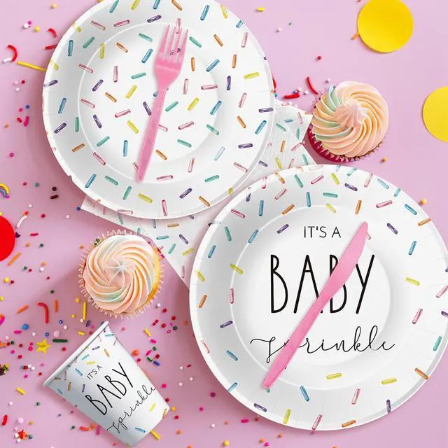 Alt view image 4 of 7 - Sprinkle Baby Shower Decorations Tableware, IT'S A Baby Sprinkle Party Decorations, Paper Plate, Cup, Napkin, Cutlery, Rainbow Confetti Sprinkle Baby Shower Party Supplies, Serves 24