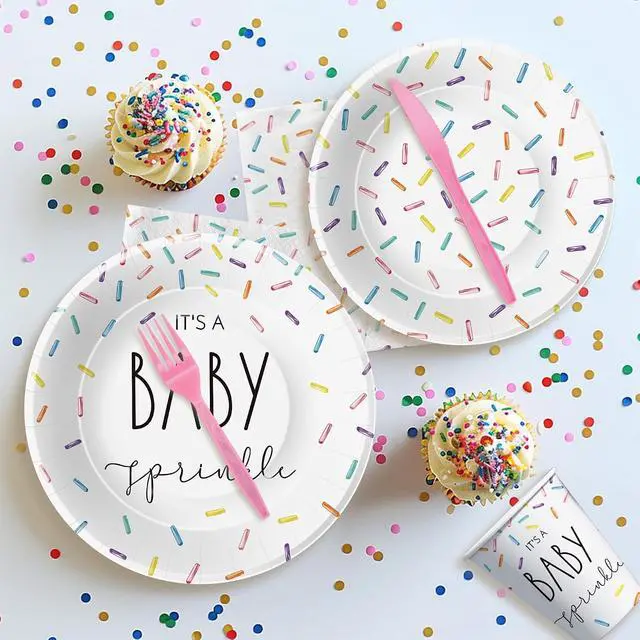 Alt view image 3 of 7 - Sprinkle Baby Shower Decorations Tableware, IT'S A Baby Sprinkle Party Decorations, Paper Plate, Cup, Napkin, Cutlery, Rainbow Confetti Sprinkle Baby Shower Party Supplies, Serves 24