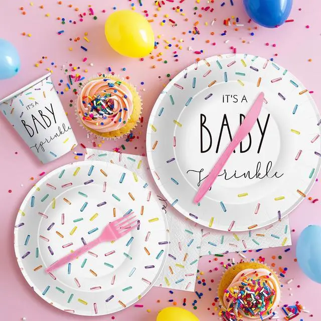 Alt view image 5 of 7 - Sprinkle Baby Shower Decorations Tableware, IT'S A Baby Sprinkle Party Decorations, Paper Plate, Cup, Napkin, Cutlery, Rainbow Confetti Sprinkle Baby Shower Party Supplies, Serves 24