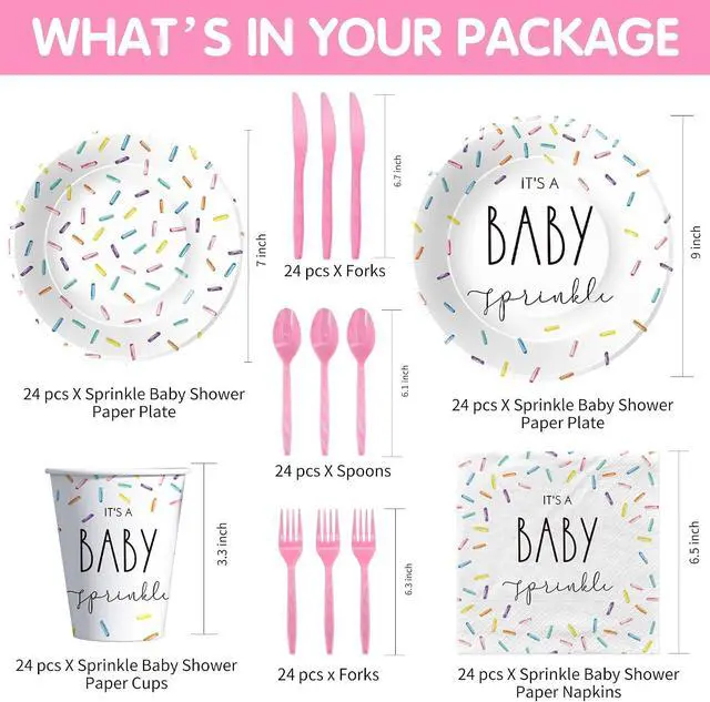 Alt view image 2 of 7 - Sprinkle Baby Shower Decorations Tableware, IT'S A Baby Sprinkle Party Decorations, Paper Plate, Cup, Napkin, Cutlery, Rainbow Confetti Sprinkle Baby Shower Party Supplies, Serves 24