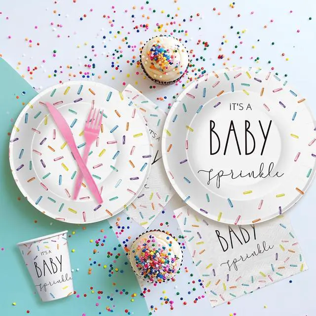 Alt view image 7 of 7 - Sprinkle Baby Shower Decorations Tableware, IT'S A Baby Sprinkle Party Decorations, Paper Plate, Cup, Napkin, Cutlery, Rainbow Confetti Sprinkle Baby Shower Party Supplies, Serves 24