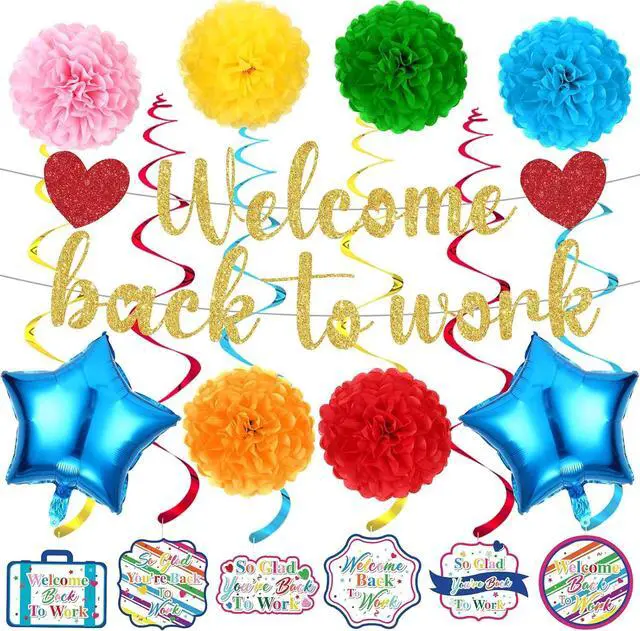 Main image of 15pcs Welcome Back to Work Decorations for Office Colorful So Glad You're Back To Work Banner Hanging Swirls Balloons Pompoms for Office Work Anniversary Decor for Home, Office Party Supplies