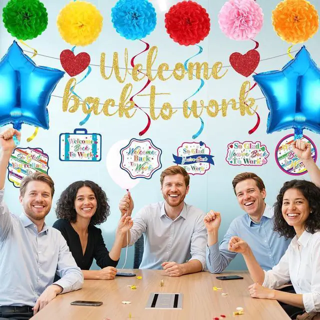 Alt view image 6 of 7 - 15pcs Welcome Back to Work Decorations for Office Colorful So Glad You're Back To Work Banner Hanging Swirls Balloons Pompoms for Office Work Anniversary Decor for Home, Office Party Supplies