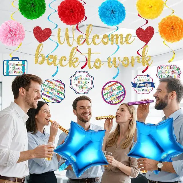 Alt view image 2 of 7 - 15pcs Welcome Back to Work Decorations for Office Colorful So Glad You're Back To Work Banner Hanging Swirls Balloons Pompoms for Office Work Anniversary Decor for Home, Office Party Supplies