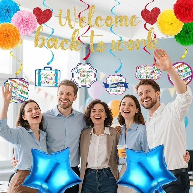 Alt view image 5 of 7 - 15pcs Welcome Back to Work Decorations for Office Colorful So Glad You're Back To Work Banner Hanging Swirls Balloons Pompoms for Office Work Anniversary Decor for Home, Office Party Supplies
