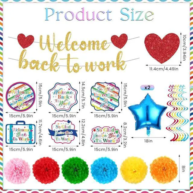 Alt view image 3 of 7 - 15pcs Welcome Back to Work Decorations for Office Colorful So Glad You're Back To Work Banner Hanging Swirls Balloons Pompoms for Office Work Anniversary Decor for Home, Office Party Supplies