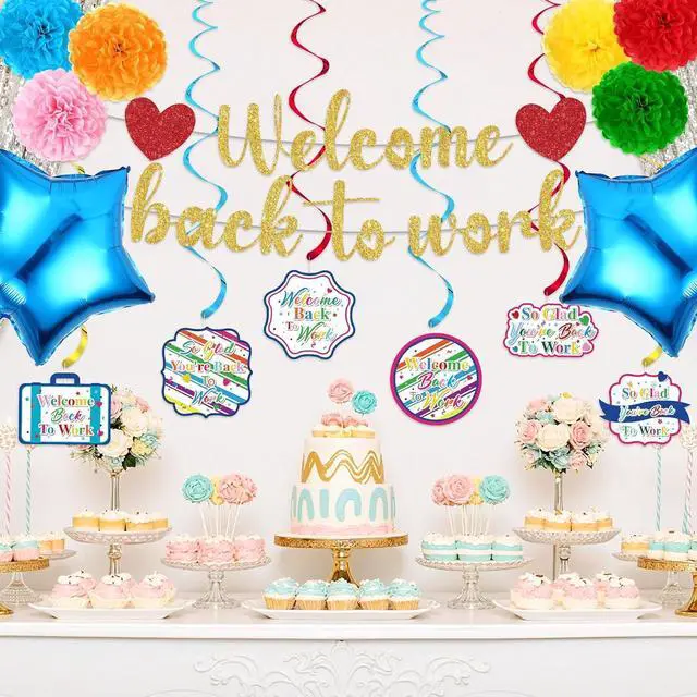Alt view image 7 of 7 - 15pcs Welcome Back to Work Decorations for Office Colorful So Glad You're Back To Work Banner Hanging Swirls Balloons Pompoms for Office Work Anniversary Decor for Home, Office Party Supplies