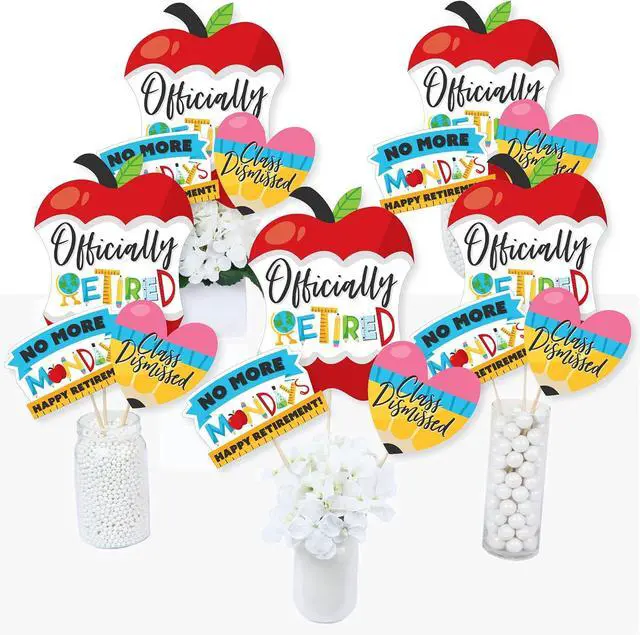Alt view image 2 of 7 - Big Dot of Happiness Teacher Retirement Party Centerpiece Decorations - 15-Piece Table Topper Set with Apple, Heart, No More Mondays Designs, Professional Grade Cardstock Photo Props