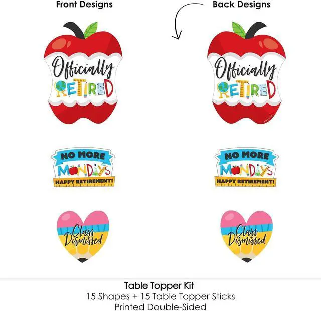 Alt view image 5 of 7 - Big Dot of Happiness Teacher Retirement Party Centerpiece Decorations - 15-Piece Table Topper Set with Apple, Heart, No More Mondays Designs, Professional Grade Cardstock Photo Props