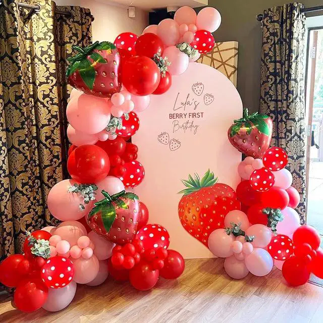 Main image of 127pcs Strawberry Balloon Garland Arch Kit-Red and Pastel Orange Balloons with 18inch Size Strawberry Foil Balloons for Sweet One Girl Baby Shower Berry First Themed Birthday Party Decorations