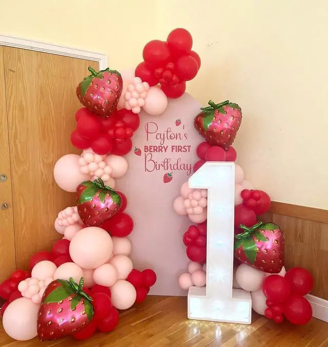 Alt view image 6 of 7 - 127pcs Strawberry Balloon Garland Arch Kit-Red and Pastel Orange Balloons with 18inch Size Strawberry Foil Balloons for Sweet One Girl Baby Shower Berry First Themed Birthday Party Decorations