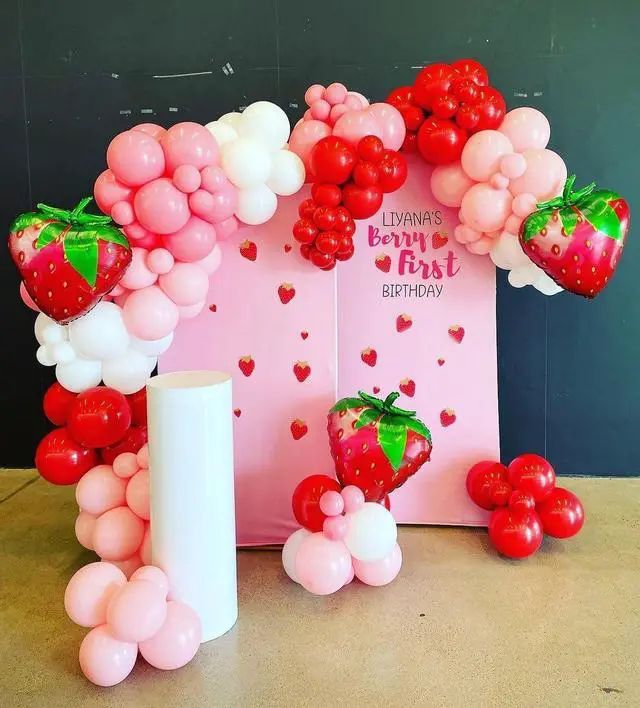 Alt view image 7 of 7 - 127pcs Strawberry Balloon Garland Arch Kit-Red and Pastel Orange Balloons with 18inch Size Strawberry Foil Balloons for Sweet One Girl Baby Shower Berry First Themed Birthday Party Decorations
