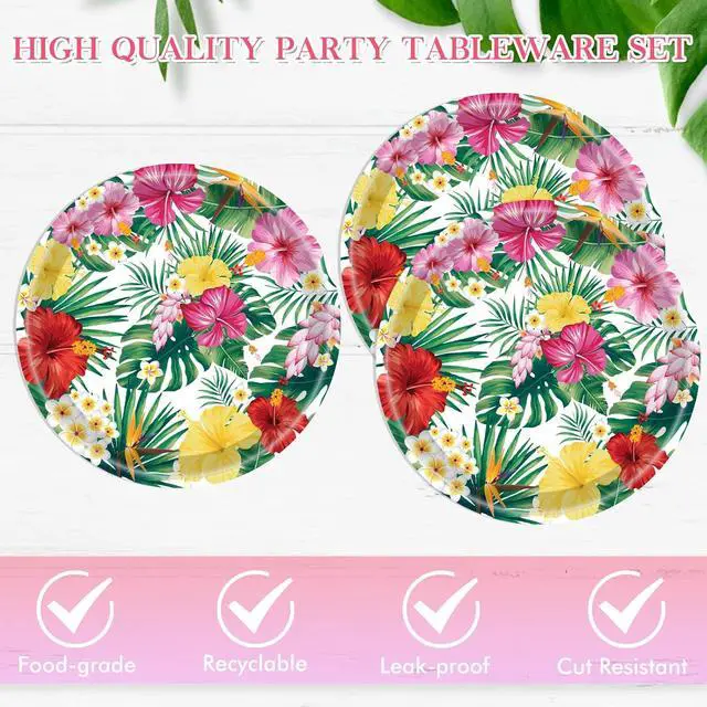Alt view image 3 of 6 - 40PCS Hawaiian Luau Party Decoration, Luau Decoration Aloha Tropical Palm Leaves Tableware Supplies Hawaii Disposable Plates, Napkins, Party Supplies for Birthday Summer Kid