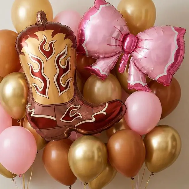 Alt view image 4 of 7 - 4Pcs Western Cowgirl Balloons, Pink Bows and Brown Cowboy Boot Foil Balloons for Boots or Bows Gender Reveal, Cowgirl Birthday Party Decorations, Baby Shower Supplies