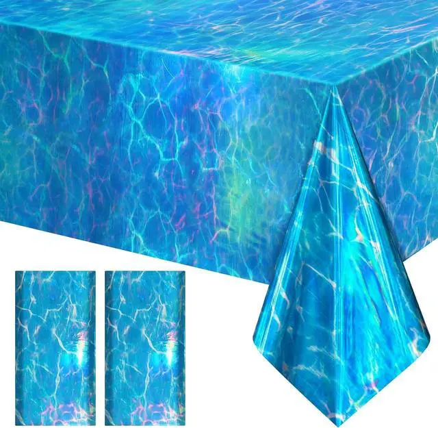 Main image of Just Shimmer 2 Pack Ocean Waves Holography Tablecloth, 54 x 108 Blue Sea Design, Waterproof Disposable Plastic Table Cover for Beach, Pool, Under The Sea, and Birthday Party Decorations
