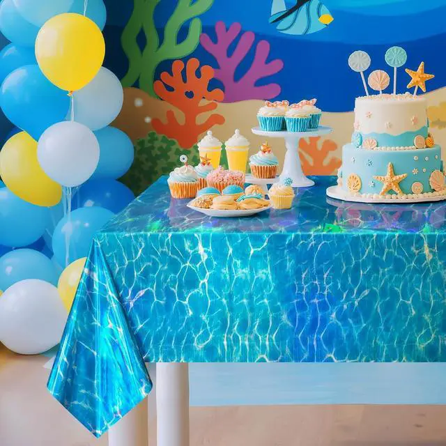 Alt view image 5 of 7 - Just Shimmer 2 Pack Ocean Waves Holography Tablecloth, 54 x 108 Blue Sea Design, Waterproof Disposable Plastic Table Cover for Beach, Pool, Under The Sea, and Birthday Party Decorations