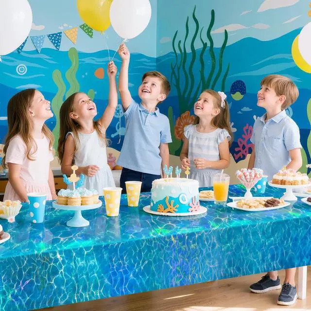 Alt view image 3 of 7 - Just Shimmer 2 Pack Ocean Waves Holography Tablecloth, 54 x 108 Blue Sea Design, Waterproof Disposable Plastic Table Cover for Beach, Pool, Under The Sea, and Birthday Party Decorations