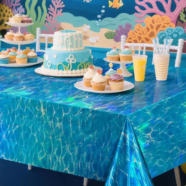 Alt view image 6 of 7 - Just Shimmer 2 Pack Ocean Waves Holography Tablecloth, 54 x 108 Blue Sea Design, Waterproof Disposable Plastic Table Cover for Beach, Pool, Under The Sea, and Birthday Party Decorations