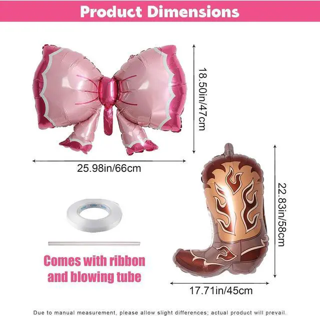 Alt view image 2 of 7 - 4Pcs Western Cowgirl Balloons, Pink Bows and Brown Cowboy Boot Foil Balloons for Boots or Bows Gender Reveal, Cowgirl Birthday Party Decorations, Baby Shower Supplies