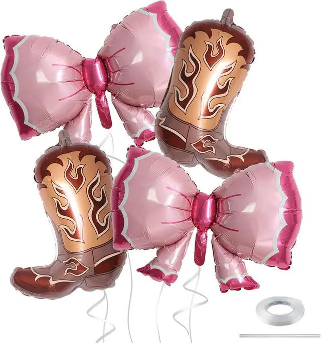 Main image of 4Pcs Western Cowgirl Balloons, Pink Bows and Brown Cowboy Boot Foil Balloons for Boots or Bows Gender Reveal, Cowgirl Birthday Party Decorations, Baby Shower Supplies