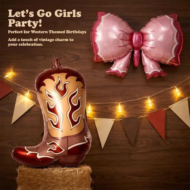 Alt view image 3 of 7 - 4Pcs Western Cowgirl Balloons, Pink Bows and Brown Cowboy Boot Foil Balloons for Boots or Bows Gender Reveal, Cowgirl Birthday Party Decorations, Baby Shower Supplies