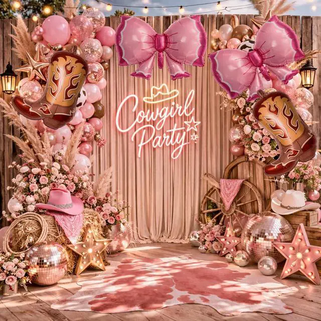 Alt view image 6 of 7 - 4Pcs Western Cowgirl Balloons, Pink Bows and Brown Cowboy Boot Foil Balloons for Boots or Bows Gender Reveal, Cowgirl Birthday Party Decorations, Baby Shower Supplies
