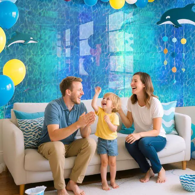 Alt view image 7 of 7 - Just Shimmer 2 Pack Ocean Waves Holography Tablecloth, 54 x 108 Blue Sea Design, Waterproof Disposable Plastic Table Cover for Beach, Pool, Under The Sea, and Birthday Party Decorations