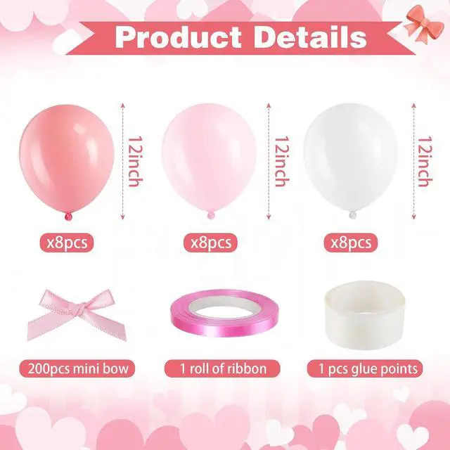 Alt view image 2 of 6 - Gejoy Pink Bow Party 24 Pack 12" Balloons with 200 Pcs Bow Pink White Balloons Decor for Coquette Birthday Bachelorette Baby Shower Wedding Party Supplies