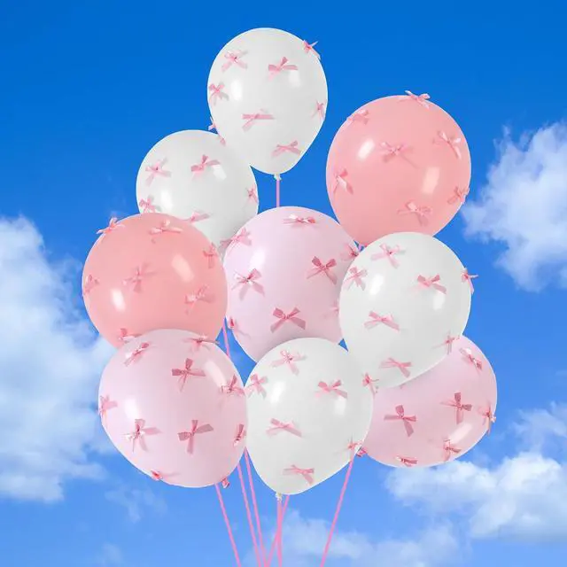 Alt view image 5 of 6 - Gejoy Pink Bow Party 24 Pack 12" Balloons with 200 Pcs Bow Pink White Balloons Decor for Coquette Birthday Bachelorette Baby Shower Wedding Party Supplies