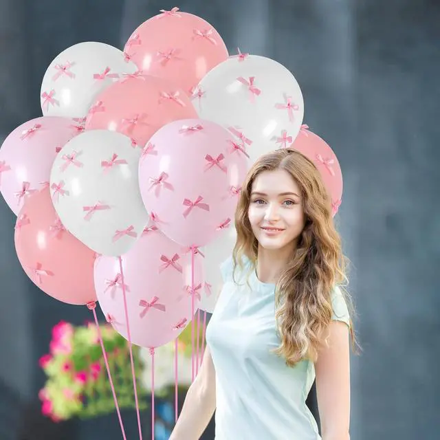 Alt view image 6 of 6 - Gejoy Pink Bow Party 24 Pack 12" Balloons with 200 Pcs Bow Pink White Balloons Decor for Coquette Birthday Bachelorette Baby Shower Wedding Party Supplies