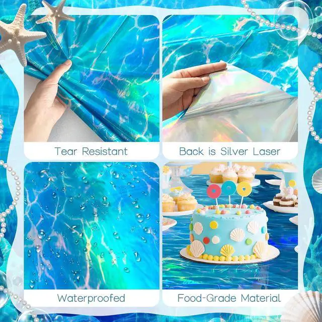 Alt view image 4 of 7 - Just Shimmer 2 Pack Ocean Waves Holography Tablecloth, 54 x 108 Blue Sea Design, Waterproof Disposable Plastic Table Cover for Beach, Pool, Under The Sea, and Birthday Party Decorations