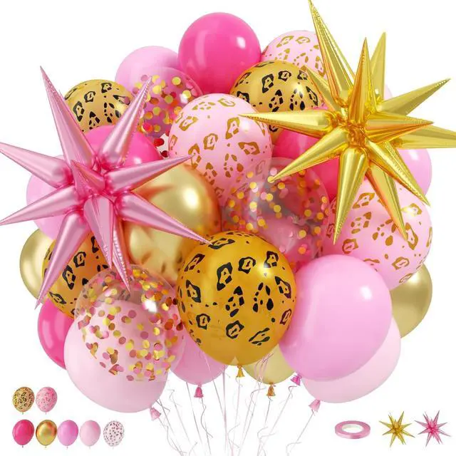 Main image of Hot Pink Cheetah Print Balloon, 12 Inch Pink Gold Balloons with Leopard Print Balloons Confetti Star Balloon Leopard Jungle Animal Decorations for Cheetah Theme Birthday Cherry Vintage Party Supplies