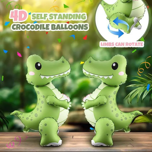 Alt view image 4 of 6 - Arrowbash 2 Pack Self Standing 4D Alligator Crocodile Balloons Foil Inflatable Balloons for Birthday Jungle Safari Theme Party Baby Shower Decorations