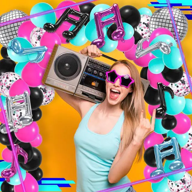 Alt view image 4 of 5 - 140 Pcs Music Balloon Arch Kit, Karaoke Music Note Balloon Birthday Arch Party Decorations Supplies Disco Ball Balloon Rose Red Blue Black Latex Balloon for DJ Short Video Celebration Party