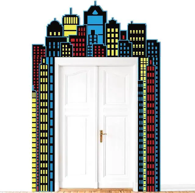 Main image of Hero Party Porch Banner Super Themed Hero Birthday Party Decoration Super City Door Banner Skyline Building Porch Sign Hanging Banner Backdrop for Birthday Baby Shower Party Photo Booth Prop Supplies