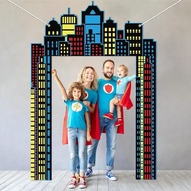 Alt view image 4 of 7 - Hero Party Porch Banner Super Themed Hero Birthday Party Decoration Super City Door Banner Skyline Building Porch Sign Hanging Banner Backdrop for Birthday Baby Shower Party Photo Booth Prop Supplies