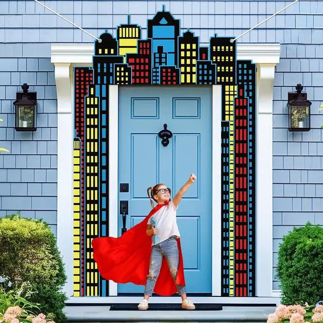 Alt view image 5 of 7 - Hero Party Porch Banner Super Themed Hero Birthday Party Decoration Super City Door Banner Skyline Building Porch Sign Hanging Banner Backdrop for Birthday Baby Shower Party Photo Booth Prop Supplies