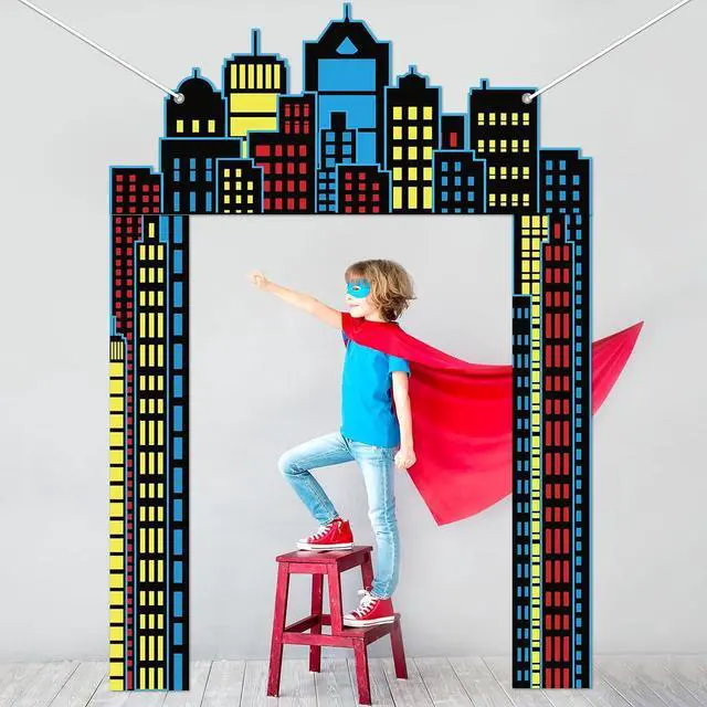 Alt view image 7 of 7 - Hero Party Porch Banner Super Themed Hero Birthday Party Decoration Super City Door Banner Skyline Building Porch Sign Hanging Banner Backdrop for Birthday Baby Shower Party Photo Booth Prop Supplies