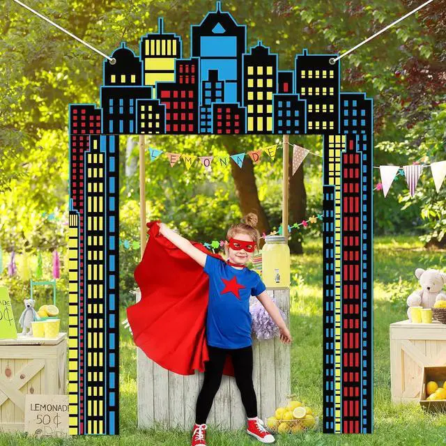 Alt view image 6 of 7 - Hero Party Porch Banner Super Themed Hero Birthday Party Decoration Super City Door Banner Skyline Building Porch Sign Hanging Banner Backdrop for Birthday Baby Shower Party Photo Booth Prop Supplies
