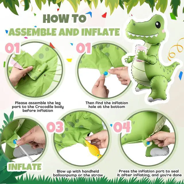 Alt view image 3 of 6 - Arrowbash 2 Pack Self Standing 4D Alligator Crocodile Balloons Foil Inflatable Balloons for Birthday Jungle Safari Theme Party Baby Shower Decorations