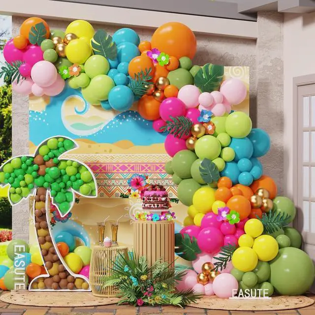 Main image of 145Pcs Tropical Hawaiian Balloon Arch Kit, Pink Orange Blue Green Balloons with Palm Leaves, Summer Aloha Beach Pool Birthday Luau Party Decorations Supplies