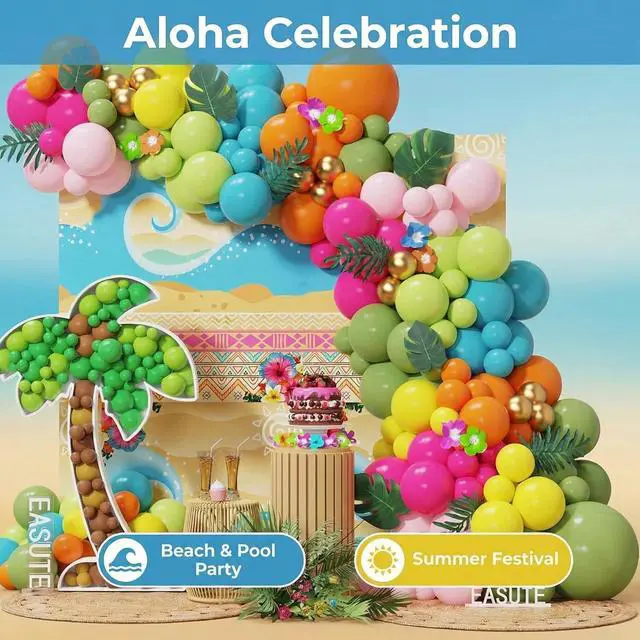 Alt view image 5 of 7 - 145Pcs Tropical Hawaiian Balloon Arch Kit, Pink Orange Blue Green Balloons with Palm Leaves, Summer Aloha Beach Pool Birthday Luau Party Decorations Supplies